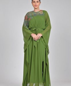 Alternative view of أوبرا فاشن - جلابية طويل شيفون مطرز من الكتف بورد وحزام على الخصر