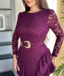 Alternative view of أوبرا فاشن - فستان سهرة طويل دانتيل درابية ماسك على الجسم باكمام شفافة