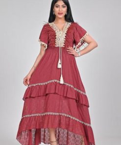 أوبرا فاشن - جلابية كتان لنن برسمات كاروهات بريش بالصدر