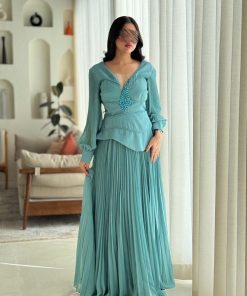 Alternative view of أوبرا فاشن - فستان سهرة لون تيفاني راقي بتصميم ناعم وتطريز لامع