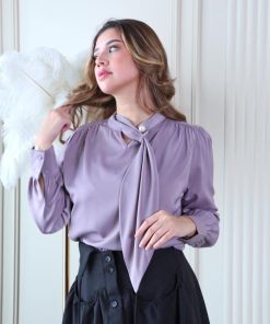 Alternative view of أوبرا فاشن - بلوزة قماش حرير ستان على سكارف في العنق بفص لول اكمام طويلة