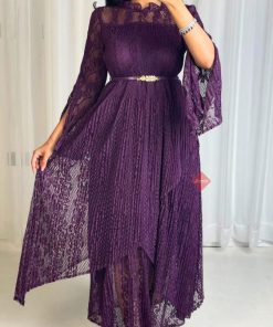 بينوش - فستان دانتيل ناعم ستريتش برسومات مميزة و اكمام وشاح