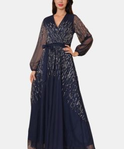 Alternative view of تريجر آيلاند - فستان سهرة شيفون طويل مزين بالكريستال واكمام تل