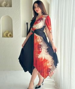 أوبرا فاشن - فستان ميدي بلاسيه حرير مموج الصدر لف واكمام طويله واسعه