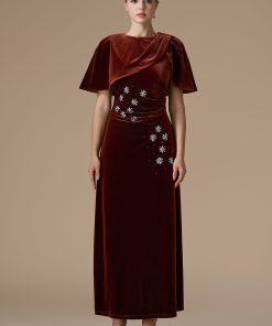 اكتان - فستان كستنائي طويل مخمل