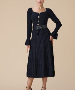 اكتان - فستان اسود ميدي باكمام طويلة