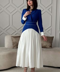 اكتان - فستان طويل بكسرات مع حزام لون ازرق