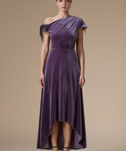 اكتان - فستان موف ميدي مخمل بكتف واحد