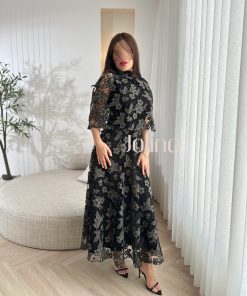 جولينا - فستان همس Hams – باللون الأسود مع ورود زيتية Olive Green