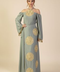 اكتان - جلابية رمادي طويلة بتصميم أوف شولدر