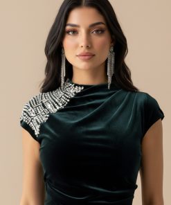 Alternative view of اكتان - فستان مخملي درابية مزين بكريستالات علي الكتف