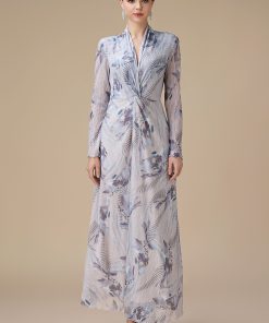 اكتان - فستان رصاصي طويل بأكمام طويلة بطبعة زهور