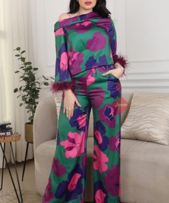 طقم بنطلون مشجر برنت ازهار مزين بالريش