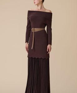 اكتان - فستان بني طويل أوف شولدر بحزام