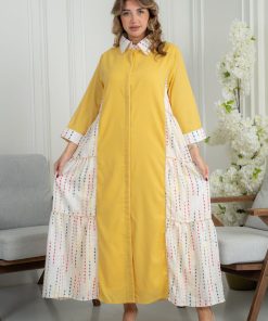 Alternative view of لورا فاشن - جلابية صفراء أنيقة بتفاصيل جانبية منقوشة