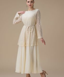 اكتان - فستان طويل سكري بطبقتين مع حزام أنيق