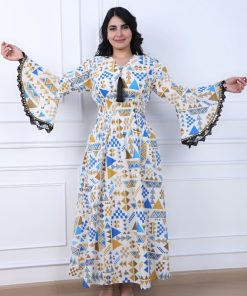 Alternative view of أوبرا فاشن - جلابية طويلة بأكمام واسعة وتصميم هندسي مزمومة من الخصر