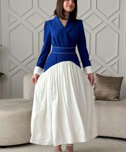 Alternative view of اكتان - فستان طويل بكسرات مع حزام  لون ازرق