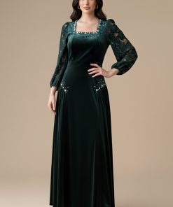 اكتان - فستان مخملي بأكمام جوبير مزين بالكريستال لون اخضر غامق