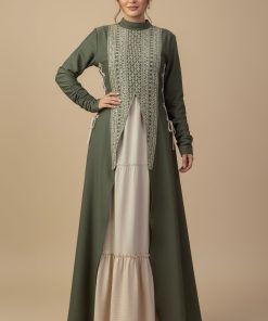 اكتان - جلابية طويلة لون أخضر بتطريز تراثي