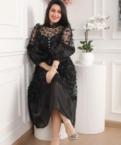 أوبرا فاشن - فستان قصير اسود تل على اورجانزا وطبعات ورد ثلاثيه الابعاد