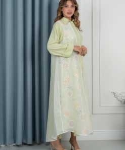 Alternative view of لورا فاشن - جلابية نسائية بلون أخضر فاتح مع تطريز ناعم