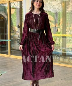 Alternative view of اكتان - فستان مخملي بليسية مع حزام لف لون عنابي