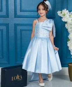 لورا فاشن - فستان بناتي أزرق سماوي منفوش بفيونكة كبيرة وتطريز ناعم