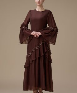 اكتان - جلابية طويلة بني بتفاصيل زهور