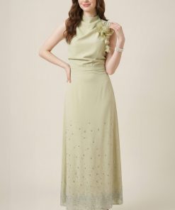 اكتان - فستان درابيه مزين ببرروش ورد لون أخضر فاتح