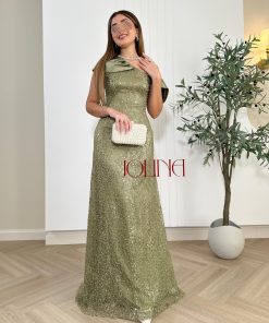 جولينا - فستان سهرة زيتي مطرز بالؤلؤ