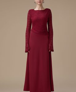 اكتان - فستان برغندي طويل دانتيل