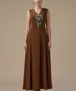 اكتان - فستان طويل بني بتطريز زهرة أنيق