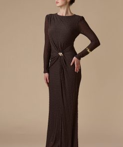 اكتان - فستان بني طويل بأكمام طويلة
