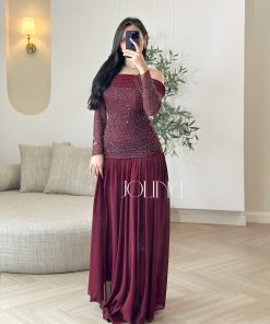 جولينا - فستان سهرة برغندي أوف شولدر بترتر لامع