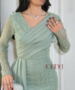 Alternative view of جولينا - فستان سهرة أخضر فاتح بأكمام مطرزة