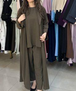 مارينا للعبايات - طقم عبايه 3 قطع لون زيتي