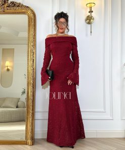 جولينا - فستان دانتيل باكمام أوف شولدر عنابي