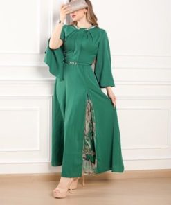 أوبرا فاشن - فستان طويل لون اخضر اكمام طويله باكسسوار في العنق