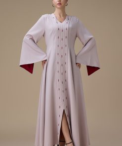 اكتان - جلابية طويل وردي فاتح مع تطريز ناعم