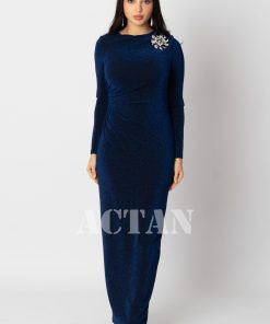 اكتان - فستان جورسيه ماكسي بخصر مزموم لون ازرق