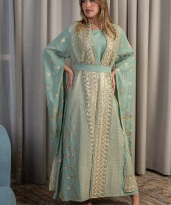 Alternative view of لورا فاشن - جلابية أخضر فاتح فاخرة بتطريز ذهبي أنيق ولمسة راقية