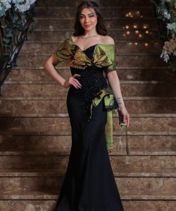 لورا فاشن - أسود حريري بوشاح ذهبي فاخر