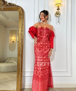 جولينا - فستان سهرة طويل مطرّز باللون الاحمر