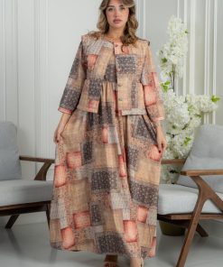 لورا فاشن - جلابية بنقشة مربعات فنية بألوان دافئة