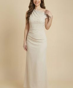 اكتان - فستان ضيق درابية مزين بفصوص لون بيج