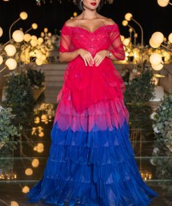 Alternative view of لورا فاشن - فستان سهرة متدرج بالأحمر والأزرق بتصميم مكشوف الأكتاف وتطريز فاخر