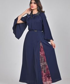 Alternative view of أوبرا فاشن - فستان ناعم طويل لون كحلي قماش مطرز في الرقبة و حزام على الخصر