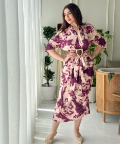 أوبرا فاشن - فستان قماش حرير مزين بنقوش منقش وبجيوب وحزام