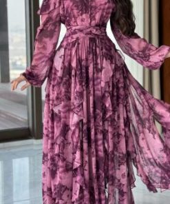 أوبرا فاشن - فستان سهرة طويل شيفون مشجر باكسسوار بالكتف